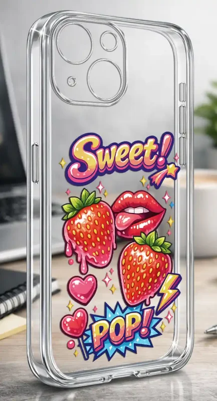 Przezroczyste modne etui z kolorowym nadrukiem Sweet Pop, truskawkami, ustami i serduszkami do iPhone 15 Plus