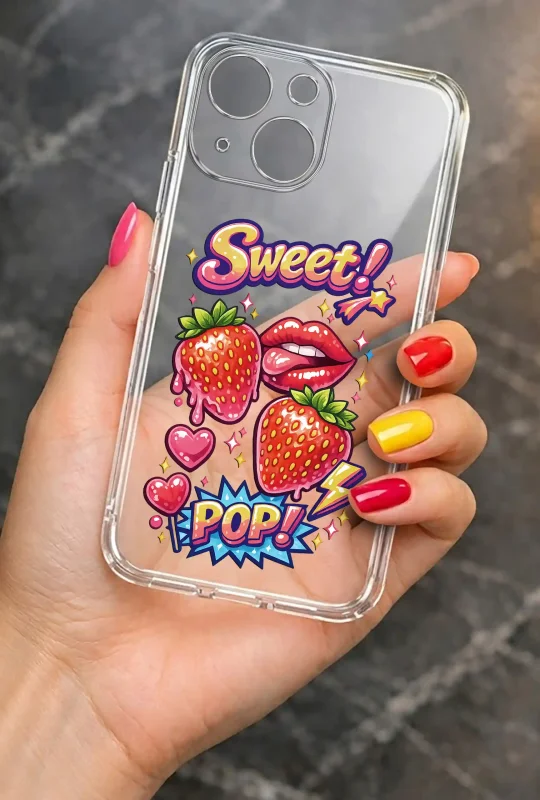 Modne etui do iPhone 15 Plus ze stylowym wzorem truskawek i napisem Sweet Pop, trzymane w dłoni