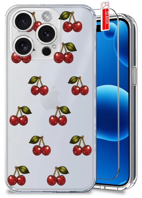 Przezroczyste etui do iPhone 15 Pro z modnym wzorem wisienek i szkłem hartowanym w zestawie