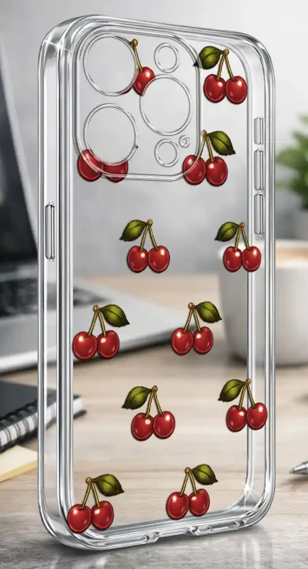 Przezroczyste modne etui z kolorowym nadrukiem wisienek do iPhone 15 Pro