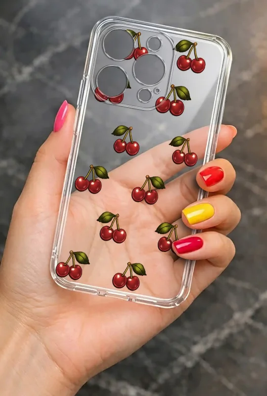 Modne etui do iPhone 15 Pro ze stylowym wzorem wiśni, trzymane w dłoni