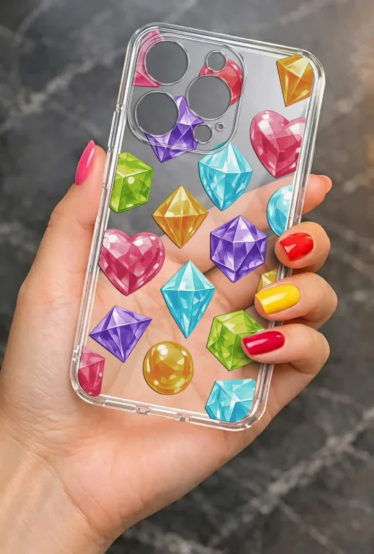 Modne etui do iPhone 15 Pro Max ze stylowym wzorem kryształków, trzymane w dłoni