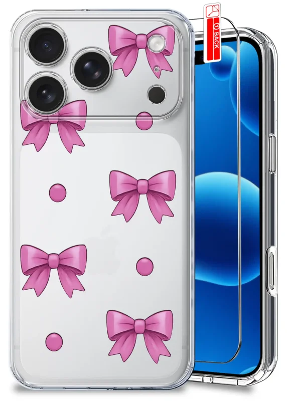 Przezroczyste etui do iPhone 17 Pro z modnym wzorem kokardek oraz szkło hartowane w zestawie