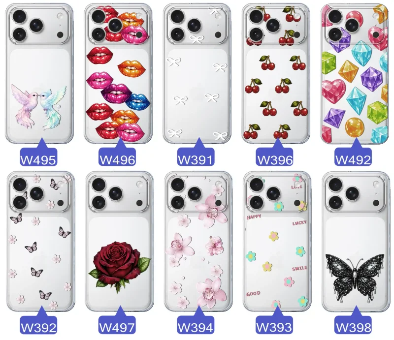 Różne kolorowe stylowe wzory na etui do iPhone 17 Pro: kwiaty, wiśnie, ptaszki, usta, kokardy