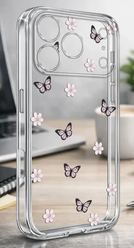 Przezroczyste modne etui z kolorowym nadrukiem kwiatków i motylków do iPhone 17 Pro Max