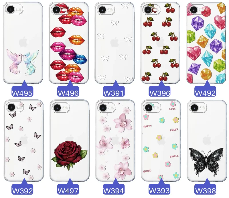 Różne kolorowe stylowe wzory na etui do iPhone 16e / 17e: kwiaty, wiśnie, ptaszki, usta, kokardy