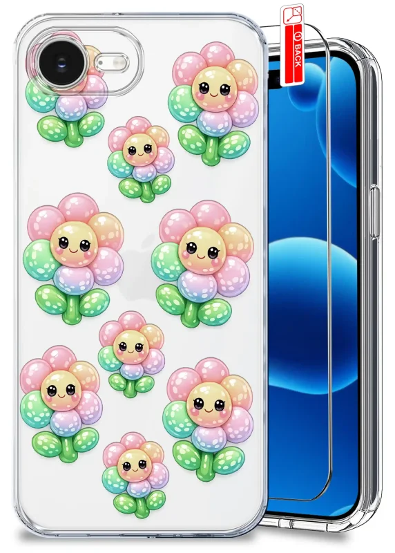 Przezroczyste etui z modnym wzorem uśmiechniętych pastelowych kwiatków do iPhone 16e / 17e i szkło hartowane w zestawie