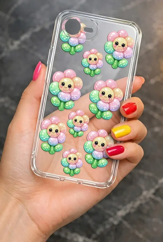 Modne etui do iPhone 16e / 17e ze stylowym wzorem pastelowych kwiatków, trzymane w dłoni