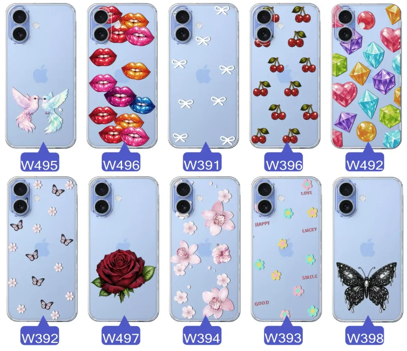 Różne kolorowe stylowe wzory na etui do iPhone 16: kwiaty, wiśnie, ptaszki, usta, kokardy