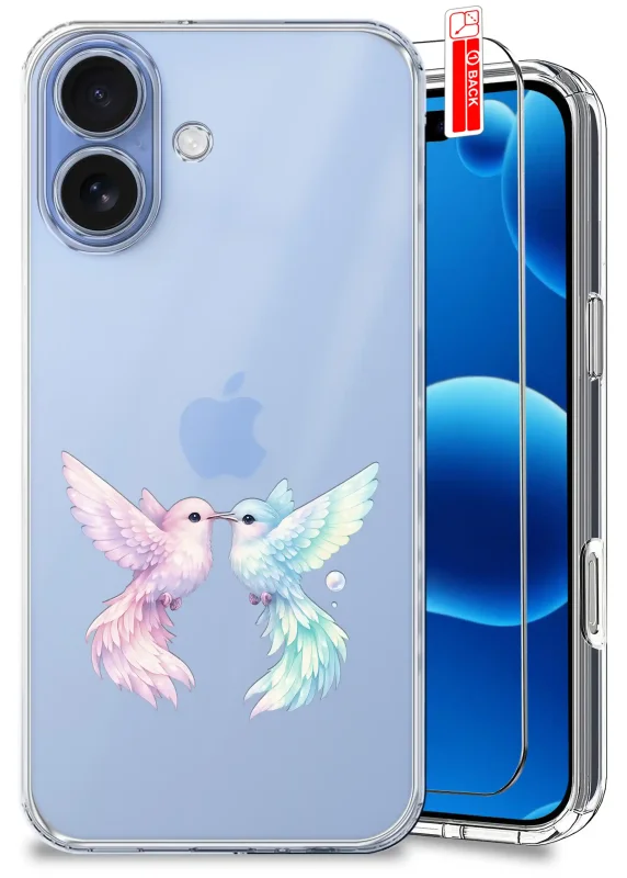 Przezroczyste etui do iPhone 16 z modnym kolorowym wzorem ptaków i szkłem hartowanym w zestawie