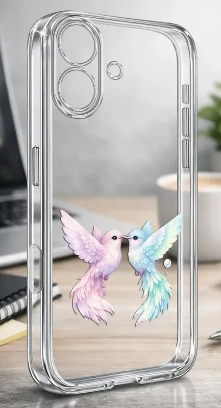 Przezroczyste modne etui z kolorowym nadrukiem dwóch zakochanych ptaszków do iPhone 16