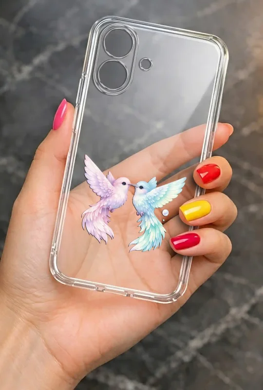 Modne etui do iPhone 16 ze stylowym wzorem dwóch ptaszków, trzymane w dłoni
