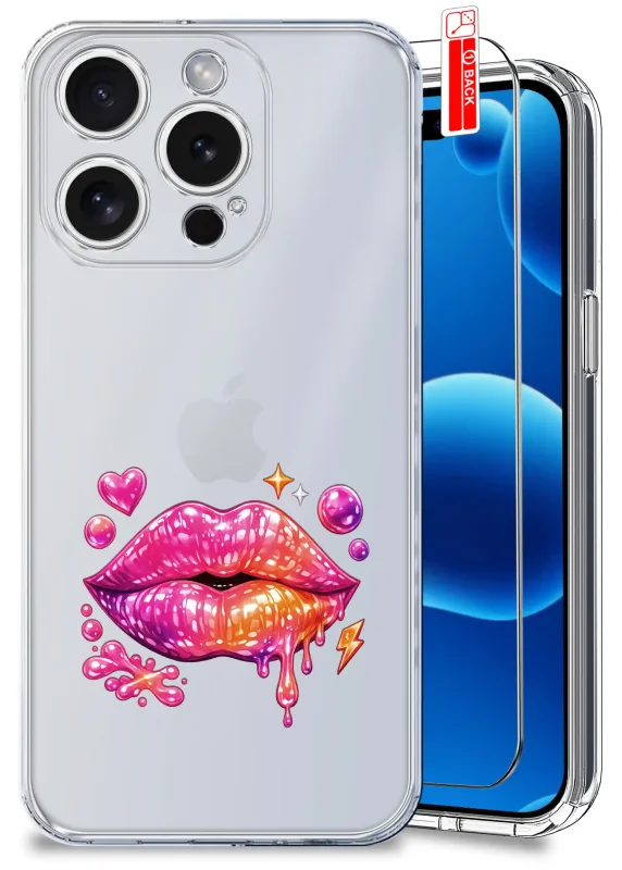 Przezroczyste etui z modnym wzorem do iPhone 16 Pro: stylowy nadruk ust, szkło hartowane w zestawie