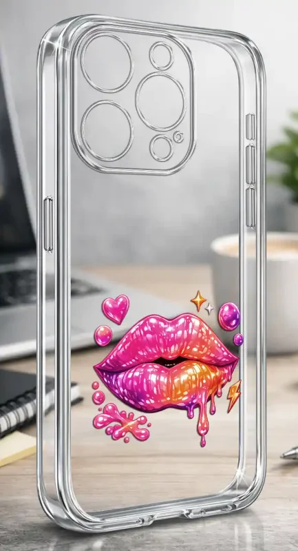 Przezroczyste modne etui do iPhone 16 Pro z kolorowym nadrukiem ust