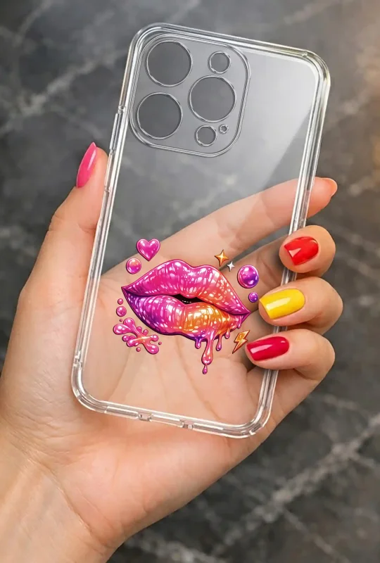 Modne etui do iPhone 16 Pro ze stylowym wzorem różowych ust, trzymane w dłoni