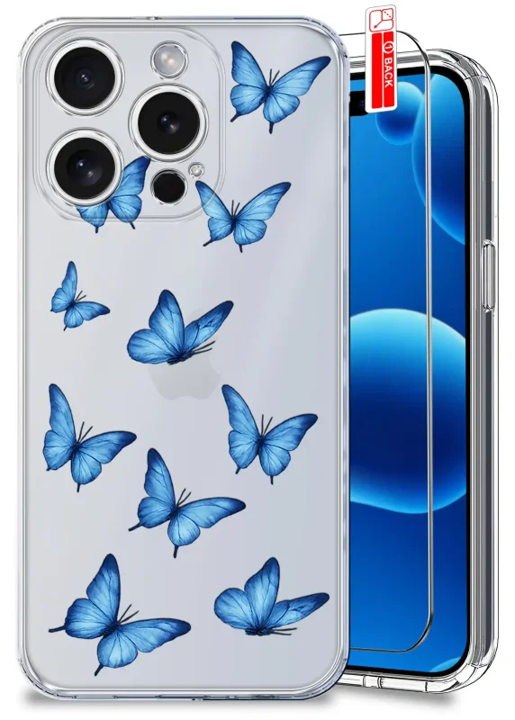 Przezroczyste etui z modnym wzorem motyli do iPhone 16 Pro Max i szkło hartowane w zestawie