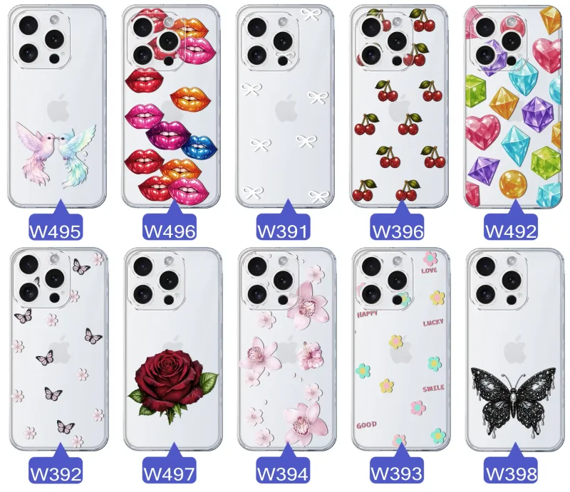 Różne kolorowe stylowe wzory na etui do iPhone 16 Pro Max: kwiaty, wiśnie, ptaszki, usta, kokardy