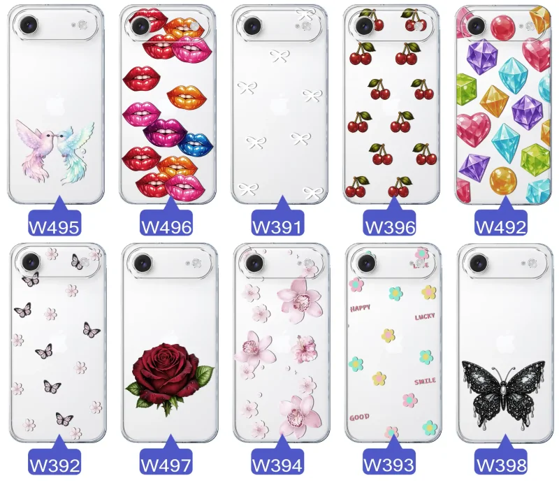 Różne kolorowe stylowe wzory na etui do iPhone Air: kwiaty, wiśnie, ptaszki, usta, kokardy