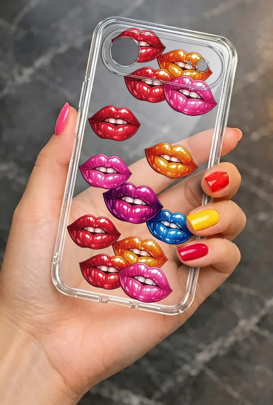 Modne etui do iPhone Air ze stylowym wzorem ust, trzymane w dłoni