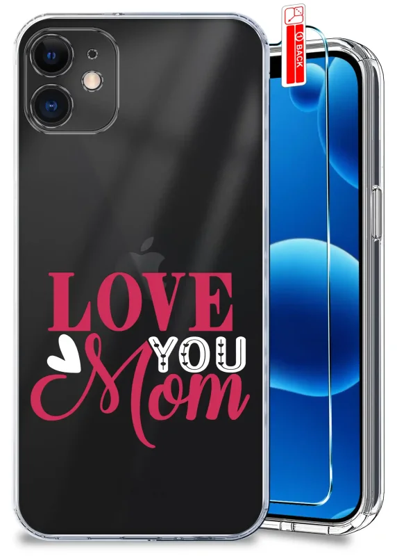 Etui dla Mamy do iPhone 11 przezroczyste z napisem Love You Mom oraz szkło hartowane w zestawie