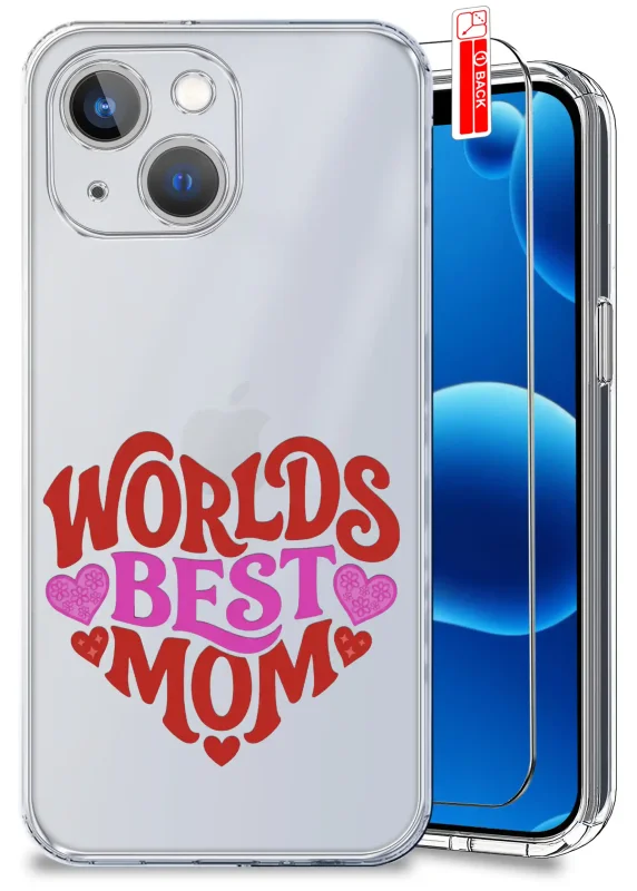 Etui dla Mamy do iPhone 13 / 14 przezroczyste z różowo-czerwonym napisem Worlds Best Mom oraz szkło hartowane w zestawie