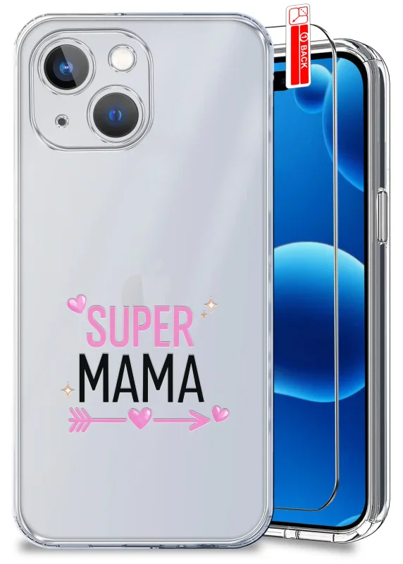 Etui dla Mamy do iPhone 15 przezroczyste z napisem Super Mama oraz szkło hartowane w zestawie