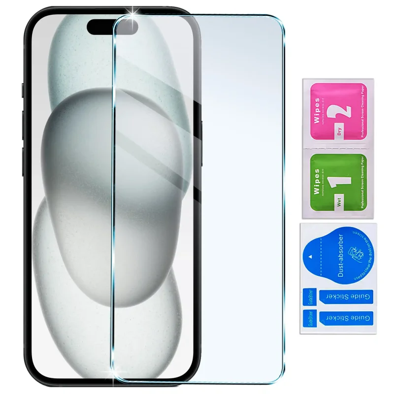 Szkło hartowane 9H iPhone 15 Plus – ochrona ekranu z akcesoriami montażowymi