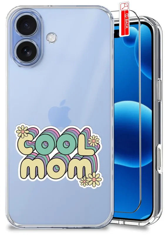 Etui dla Mamy do iPhone 17 przezroczyste z napisem COOL MOM oraz szkło hartowane w zestawie