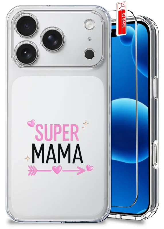 Etui dla Mamy do iPhone 17 Pro przezroczyste z napisem Super Mama oraz szkło hartowane w zestawie