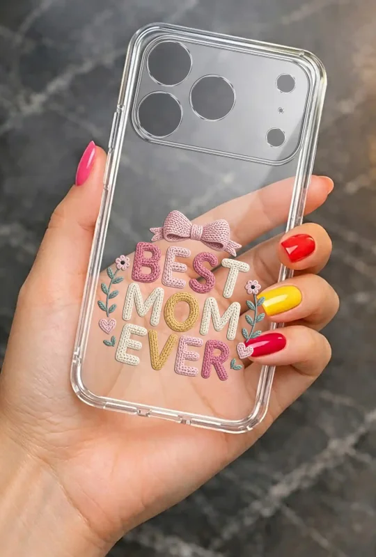 Transparentne etui na Dzień Mamy do iPhone 17 Pro Max trzymane w dłoni, z trwałym nadrukiem Best Mom Ever