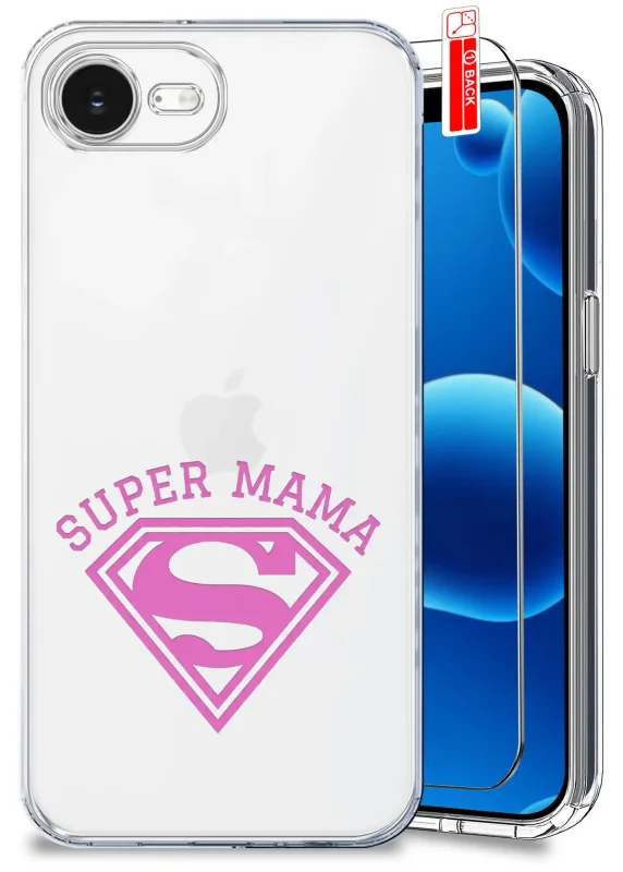 Etui dla Mamy do iPhone 16e / 17e przezroczyste z różowym napisem Super Mama oraz szkło hartowane w zestawie