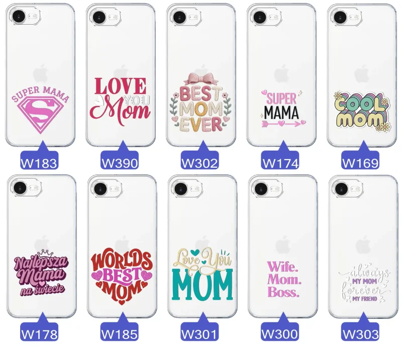 Kolekcja wzorów etui dla Mamy do iPhone 16e / 17e: napisy Super Mama, Najlepsza Mama na świecie, best mom ever, cool mom, I love you mom