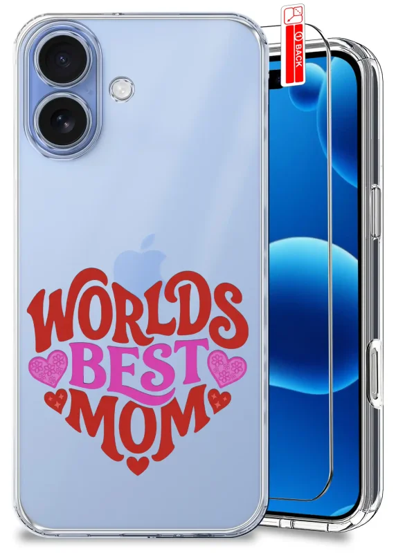 Etui dla Mamy do iPhone 16 przezroczyste z różowo-czerwonym napisem Worlds Best Mom oraz szkło hartowane w zestawie