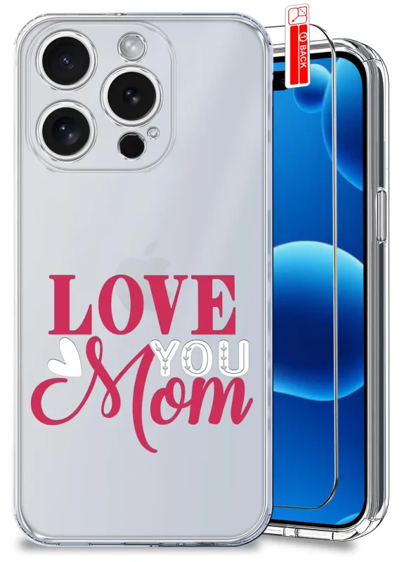Etui dla Mamy do iPhone 16 Pro Max przezroczyste z napisem Love You Mom oraz szkło hartowane w zestawie
