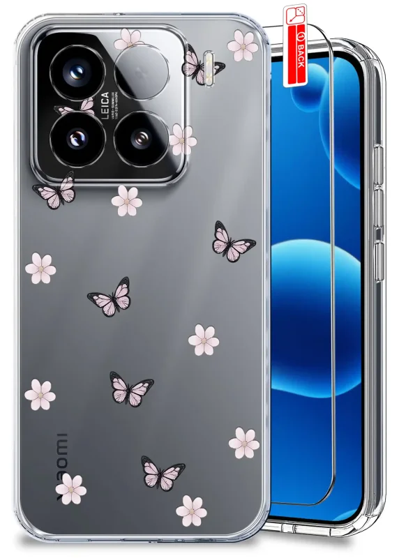 Przezroczyste etui do Xiaomi 15 Pro z modnym kolorowym wzorem motyli i kwiatów i szkłem hartowanym w zestawie