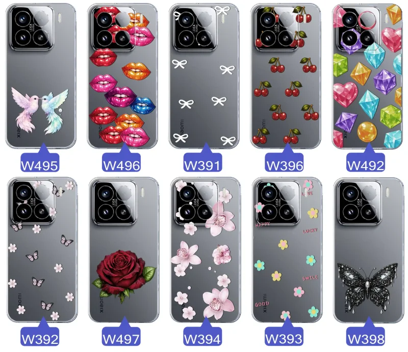 Różne kolorowe stylowe wzory na etui do Xiaomi 15 Pro: kwiaty, wiśnie, ptaszki, usta, kokardy