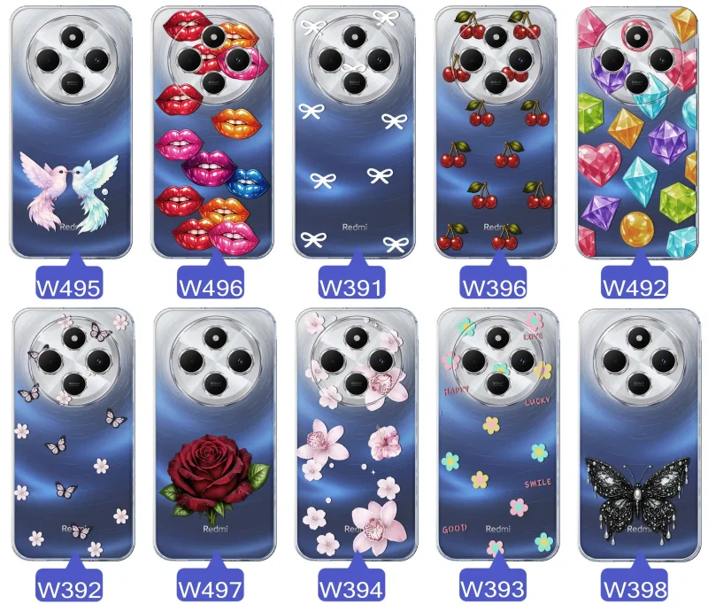 Różne kolorowe stylowe wzory na etui do Xiaomi Redmi 14C: kwiaty, wiśnie, ptaszki, usta, kokardy