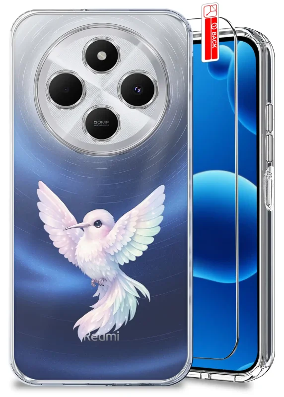 Przezroczyste etui z modnym wzorem ptaka do Xiaomi Redmi 14C i szkło hartowane w zestawie