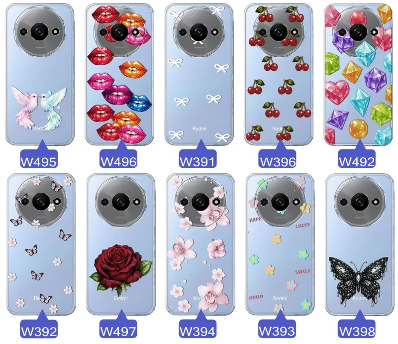 Różne kolorowe stylowe wzory na etui do Xiaomi Redmi A3 4G: kwiaty, wiśnie, ptaszki, usta, kokardy