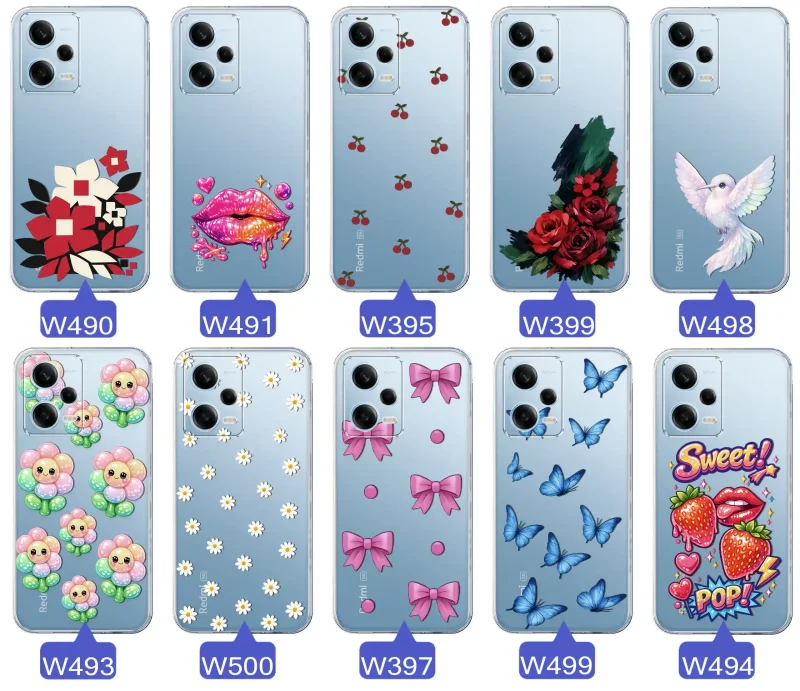 Kolekcja modnych etui z wzorami do Xiaomi Redmi Note 12 5G – kolorowe motywy z kokardkami, różami, motylami, ustami, wisienkami
