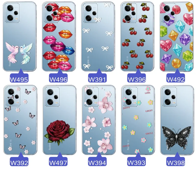 Różne kolorowe stylowe wzory na etui do Xiaomi Redmi Note 12 5G: kwiaty, wiśnie, ptaszki, usta, kokardy