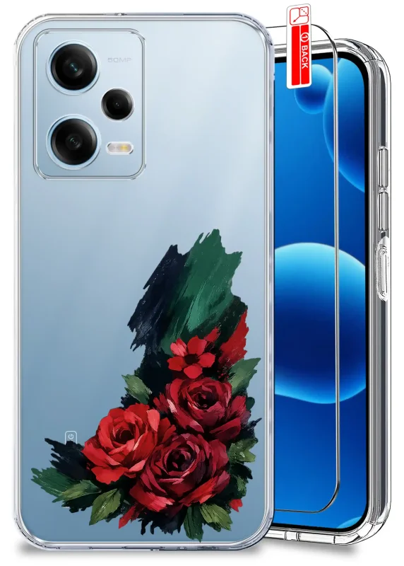 Przezroczyste etui z modnym wzorem róży do Xiaomi Redmi Note 12 5G i szkło hartowane w zestawie