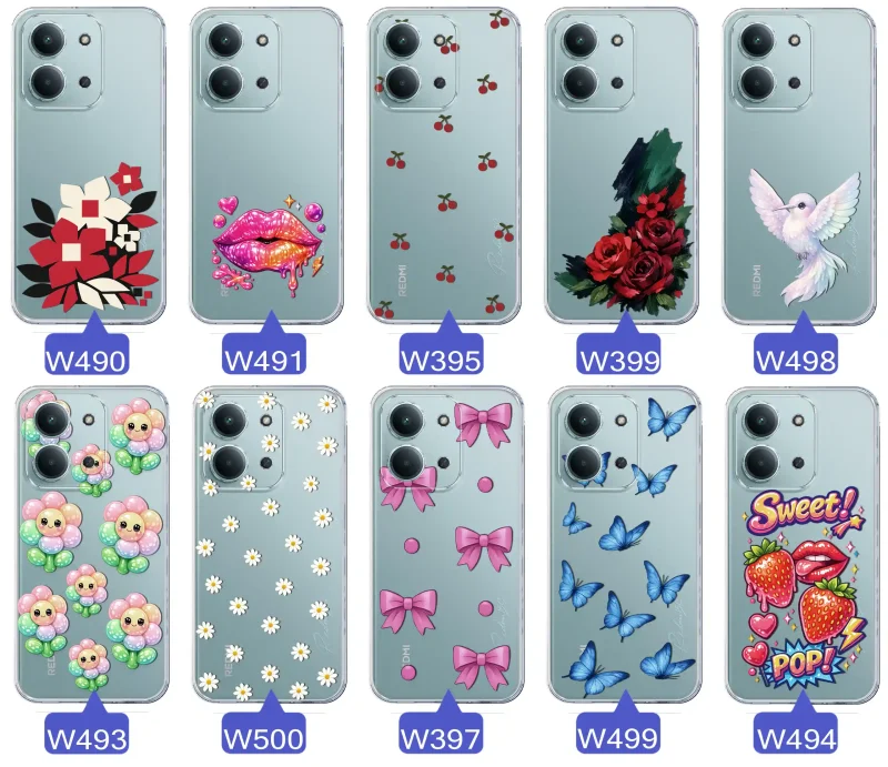 Kolekcja modnych etui z wzorami do Xiaomi Redmi 15C – kolorowe modne wzory z kokardkami, różami, motylami, ustami, wisienkami