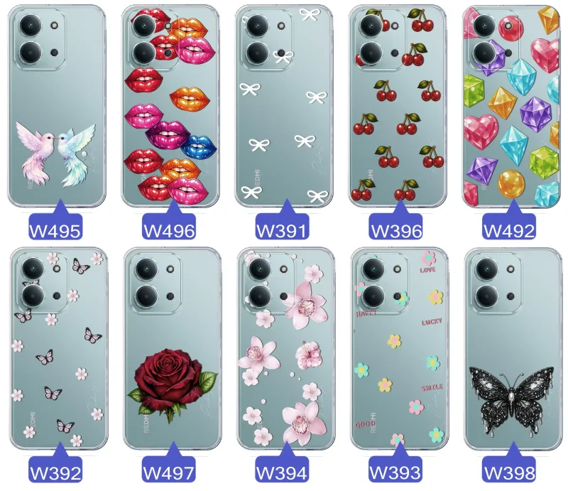 Różne kolorowe stylowe wzory na etui do Xiaomi Redmi 15C: kwiaty, wiśnie, ptaszki, usta, kokardy