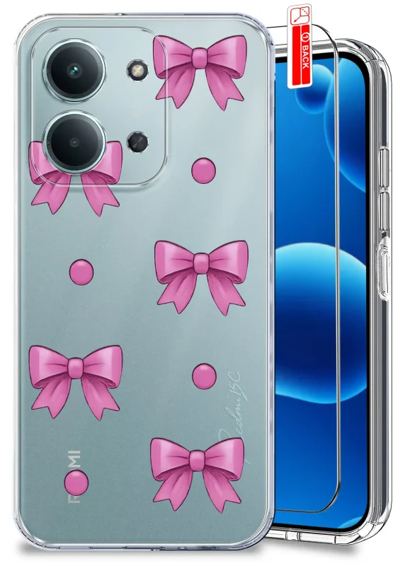 Przezroczyste etui do Xiaomi Redmi 15C z modnym wzorem kokardek oraz szkło hartowane w zestawie