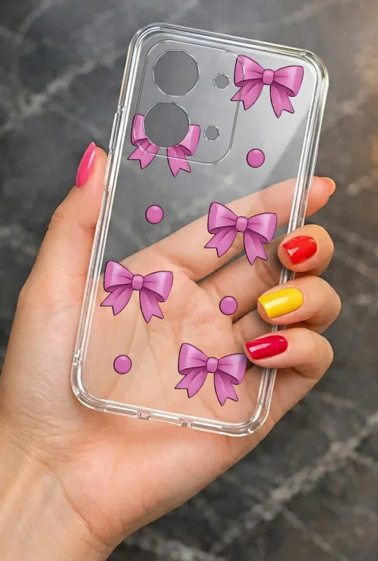 Modne etui do Xiaomi Redmi 15C ze stylowym wzorem różowych kokardek, trzymane w dłoni