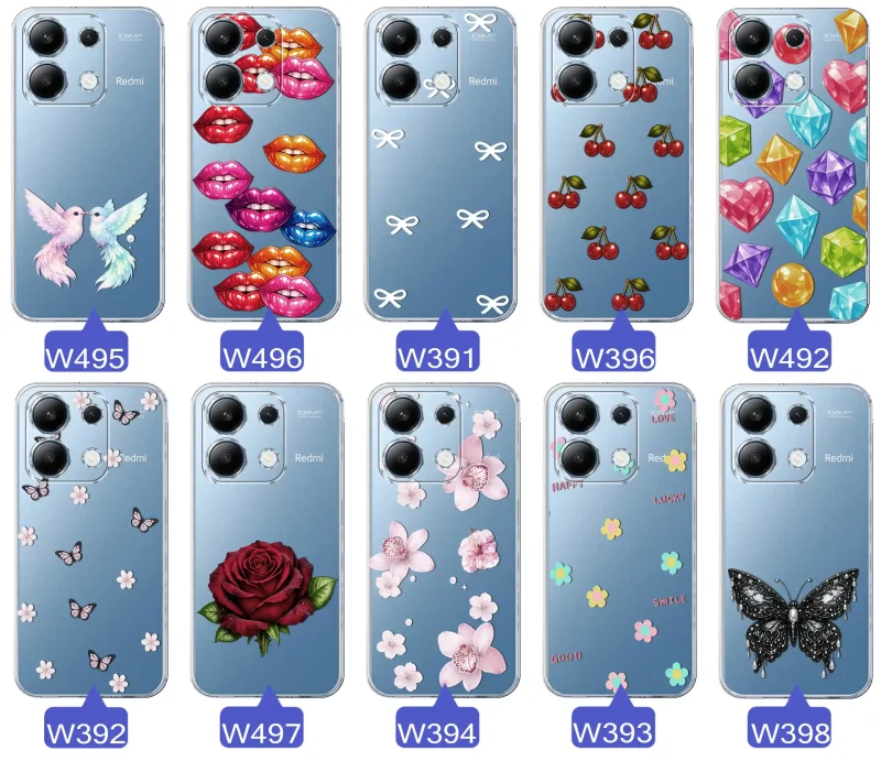Różne kolorowe stylowe wzory na etui do Xiaomi Redmi Note 13 Pro 4G: kwiaty, wiśnie, ptaszki, usta, kokardy