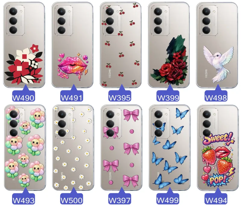 Kolekcja modnych etui z wzorami do Xiaomi Redmi 15 4G / 5G – kolorowe modne wzory z kokardkami, różami, motylami, ustami, wisienkami