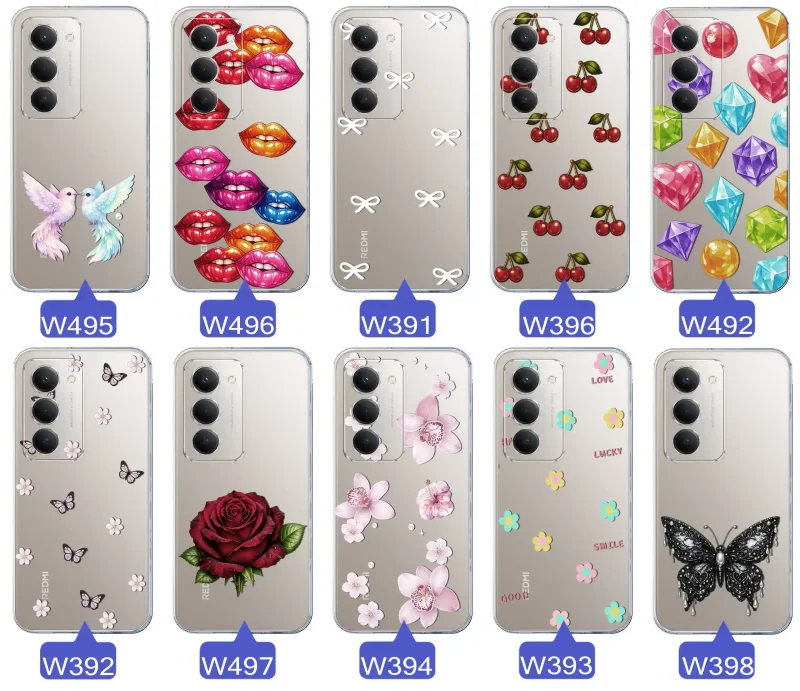 Różne kolorowe stylowe wzory na etui do Xiaomi Redmi 15 4G / 5G: kwiaty, wiśnie, ptaszki, usta, kokardy