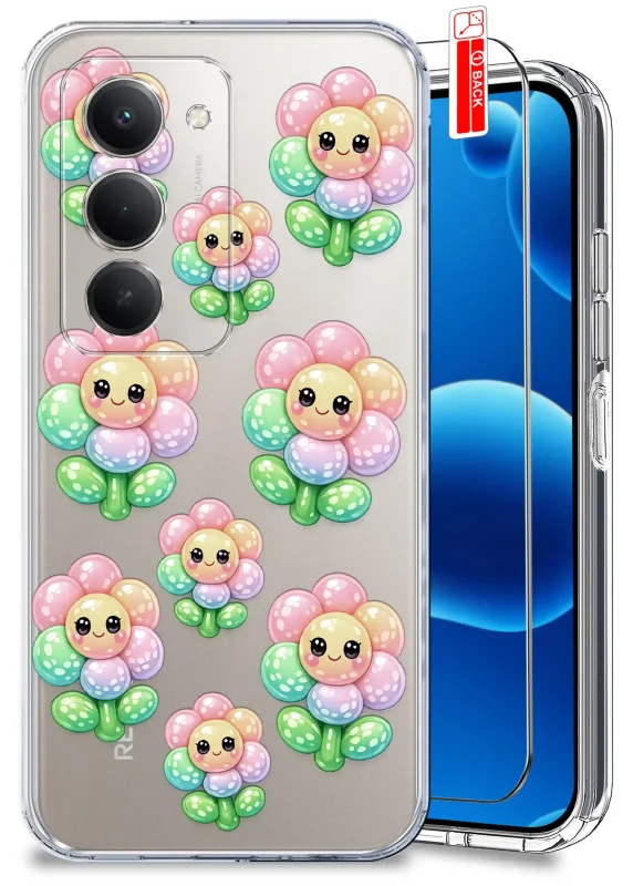 Przezroczyste etui z modnym wzorem uśmiechniętych pastelowych kwiatków do Xiaomi Redmi 15 4G / 5G i szkło hartowane w zestawie